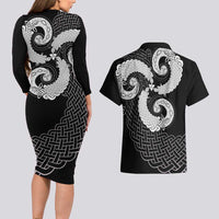 Six Celtic Countries Heritage Couples Matching Long Sleeve Bodycon Dress and Hawaiian Shirt Black Celtic Knot Triskelion - Wonder Print Shop