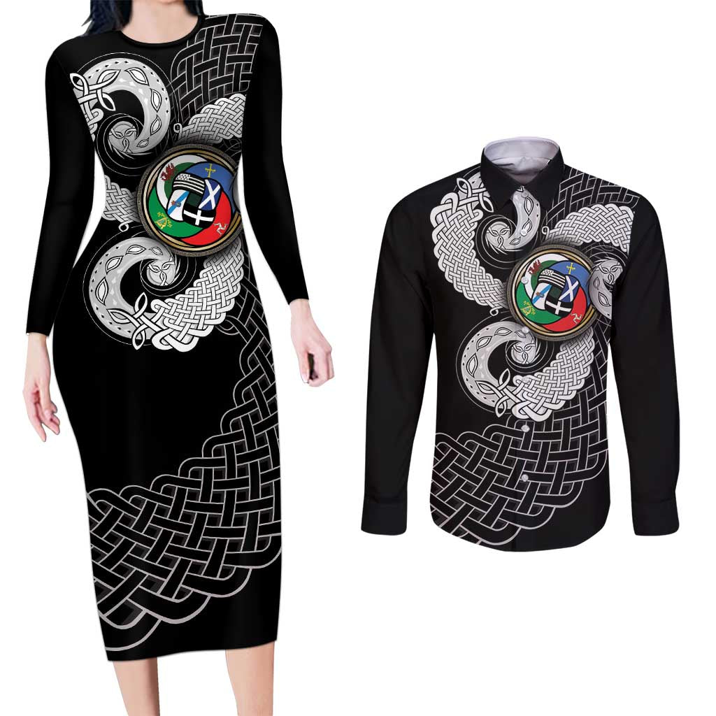 Six Celtic Countries Heritage Couples Matching Long Sleeve Bodycon Dress and Long Sleeve Button Shirt Black Celtic Knot Triskelion - Wonder Print Shop
