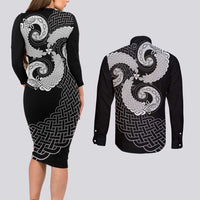Six Celtic Countries Heritage Couples Matching Long Sleeve Bodycon Dress and Long Sleeve Button Shirt Black Celtic Knot Triskelion - Wonder Print Shop