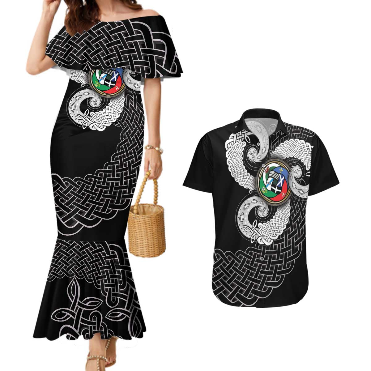 Six Celtic Countries Heritage Couples Matching Mermaid Dress and Hawaiian Shirt Black Celtic Knot Triskelion - Wonder Print Shop