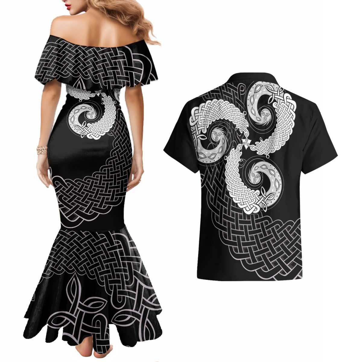 Six Celtic Countries Heritage Couples Matching Mermaid Dress and Hawaiian Shirt Black Celtic Knot Triskelion - Wonder Print Shop