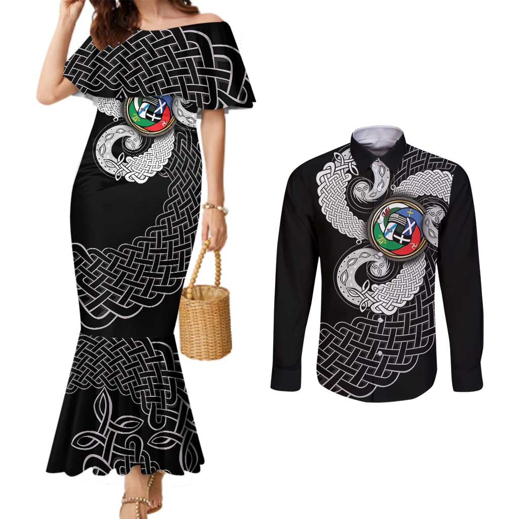 Six Celtic Countries Heritage Couples Matching Mermaid Dress and Long Sleeve Button Shirt Black Celtic Knot Triskelion - Wonder Print Shop