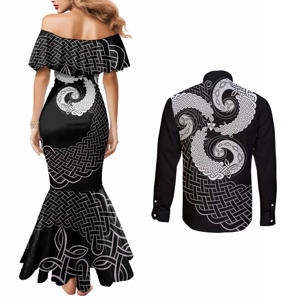 Six Celtic Countries Heritage Couples Matching Mermaid Dress and Long Sleeve Button Shirt Black Celtic Knot Triskelion - Wonder Print Shop