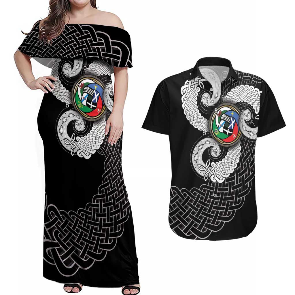 Six Celtic Countries Heritage Couples Matching Off Shoulder Maxi Dress and Hawaiian Shirt Black Celtic Knot Triskelion - Wonder Print Shop