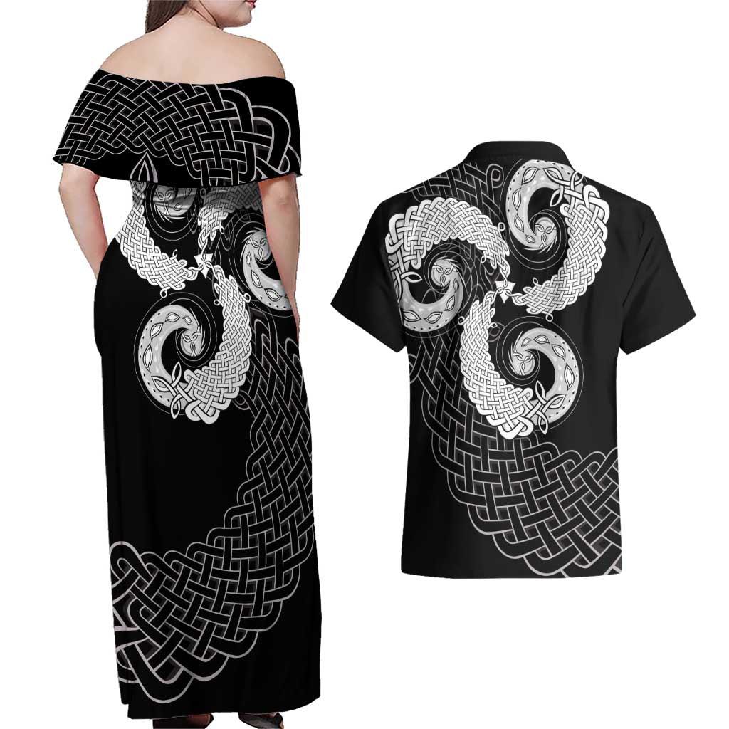 Six Celtic Countries Heritage Couples Matching Off Shoulder Maxi Dress and Hawaiian Shirt Black Celtic Knot Triskelion - Wonder Print Shop