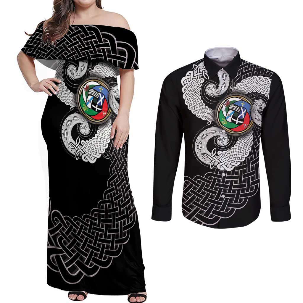 Six Celtic Countries Heritage Couples Matching Off Shoulder Maxi Dress and Long Sleeve Button Shirt Black Celtic Knot Triskelion - Wonder Print Shop