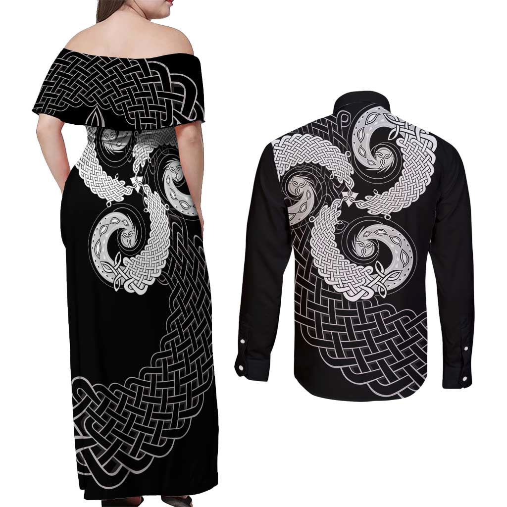 Six Celtic Countries Heritage Couples Matching Off Shoulder Maxi Dress and Long Sleeve Button Shirt Black Celtic Knot Triskelion - Wonder Print Shop