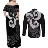 Six Celtic Countries Heritage Couples Matching Off Shoulder Maxi Dress and Long Sleeve Button Shirt Black Celtic Knot Triskelion - Wonder Print Shop