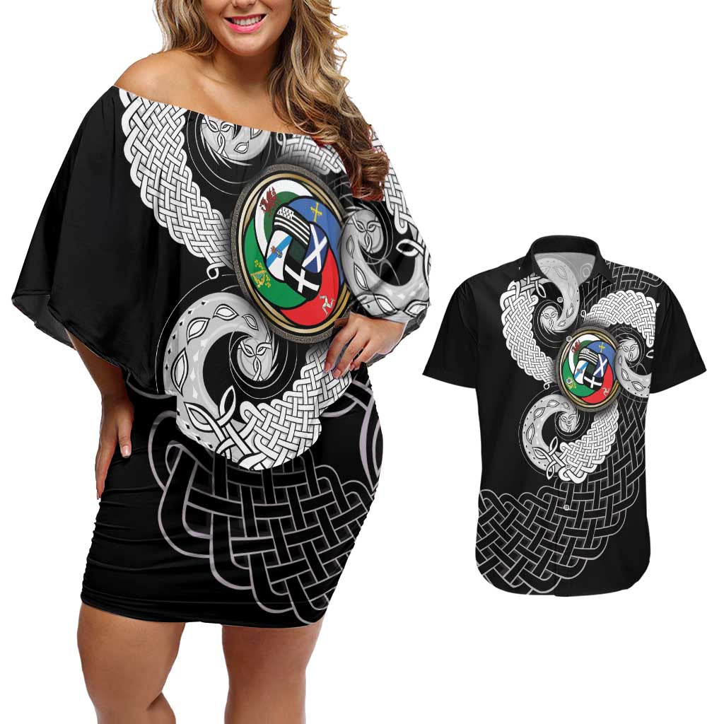 Six Celtic Countries Heritage Couples Matching Off Shoulder Short Dress and Hawaiian Shirt Black Celtic Knot Triskelion - Wonder Print Shop