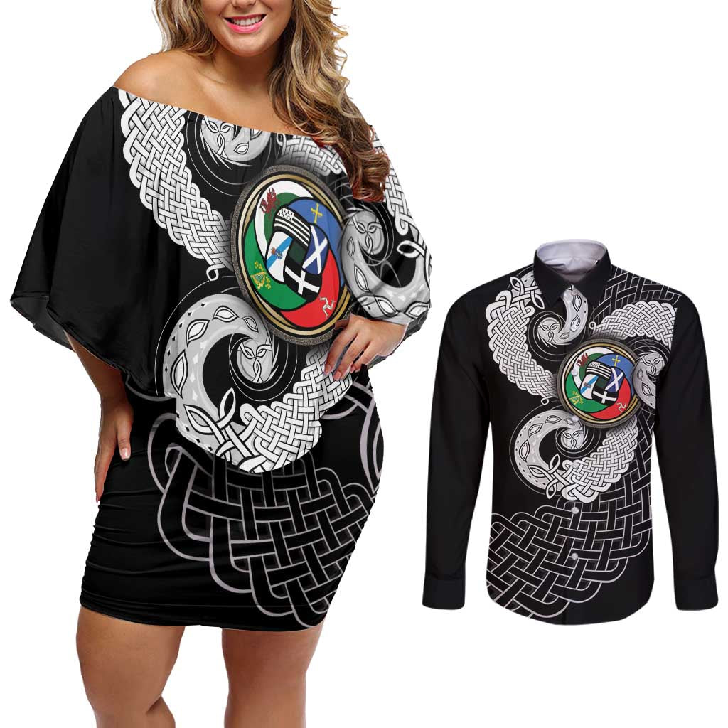 Six Celtic Countries Heritage Couples Matching Off Shoulder Short Dress and Long Sleeve Button Shirt Black Celtic Knot Triskelion - Wonder Print Shop