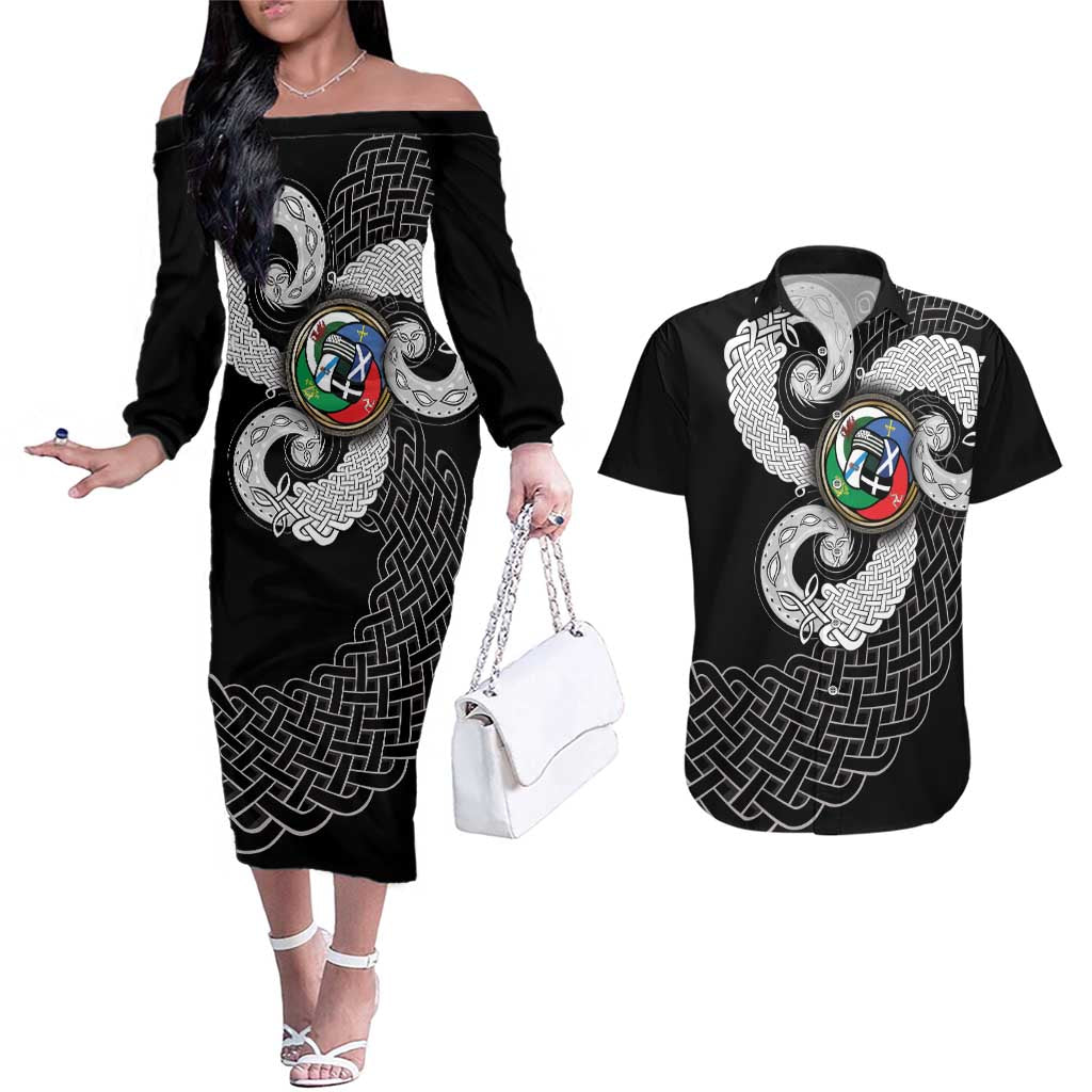 Six Celtic Countries Heritage Couples Matching Off The Shoulder Long Sleeve Dress and Hawaiian Shirt Black Celtic Knot Triskelion - Wonder Print Shop