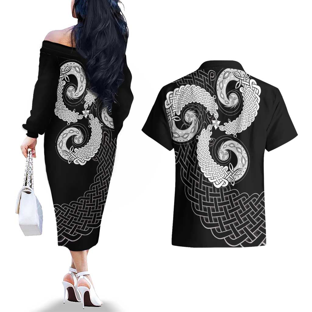Six Celtic Countries Heritage Couples Matching Off The Shoulder Long Sleeve Dress and Hawaiian Shirt Black Celtic Knot Triskelion - Wonder Print Shop