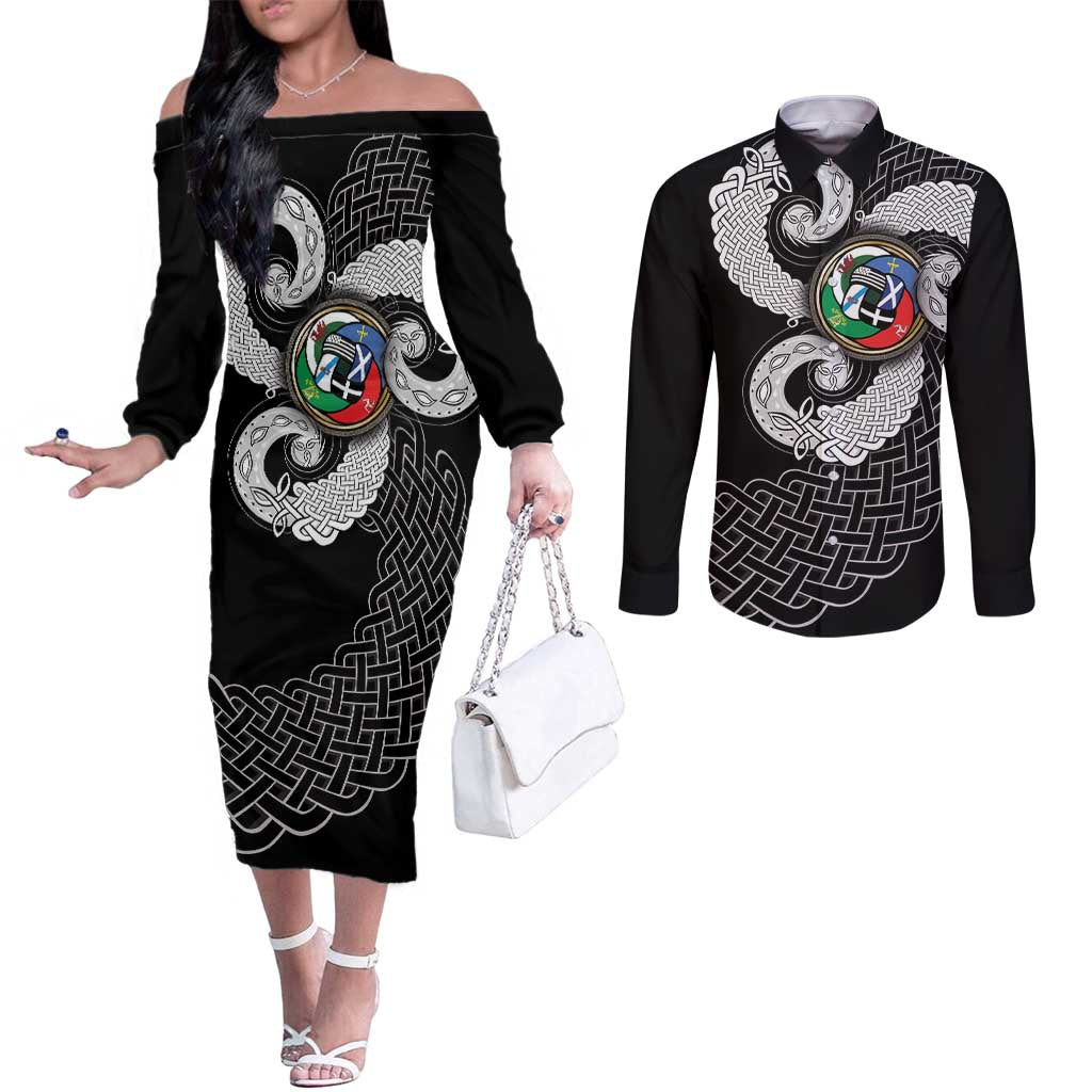 Six Celtic Countries Heritage Couples Matching Off The Shoulder Long Sleeve Dress and Long Sleeve Button Shirt Black Celtic Knot Triskelion - Wonder Print Shop