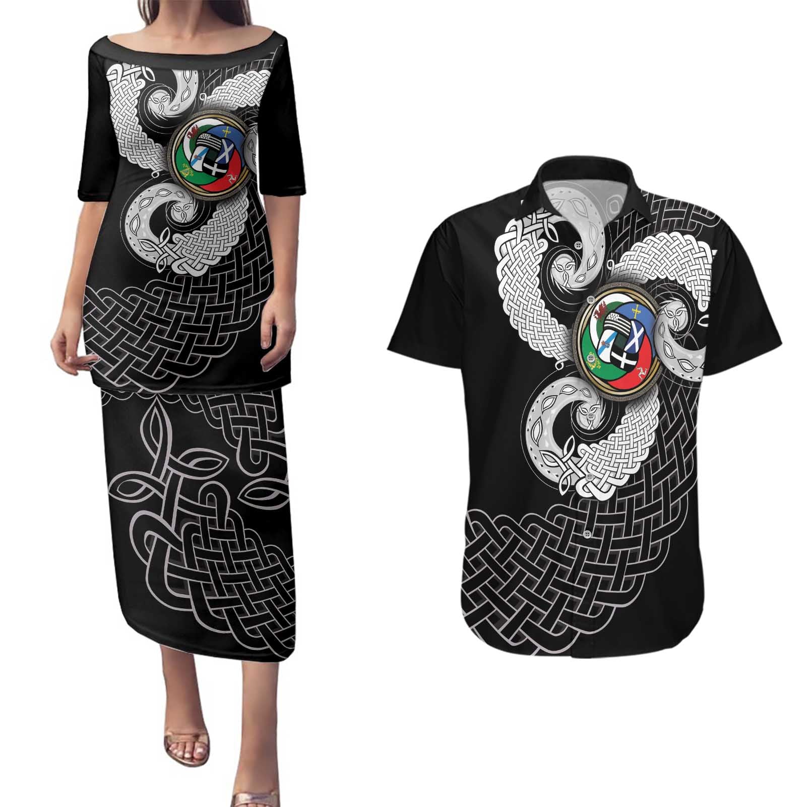 Six Celtic Countries Heritage Couples Matching Puletasi and Hawaiian Shirt Black Celtic Knot Triskelion - Wonder Print Shop