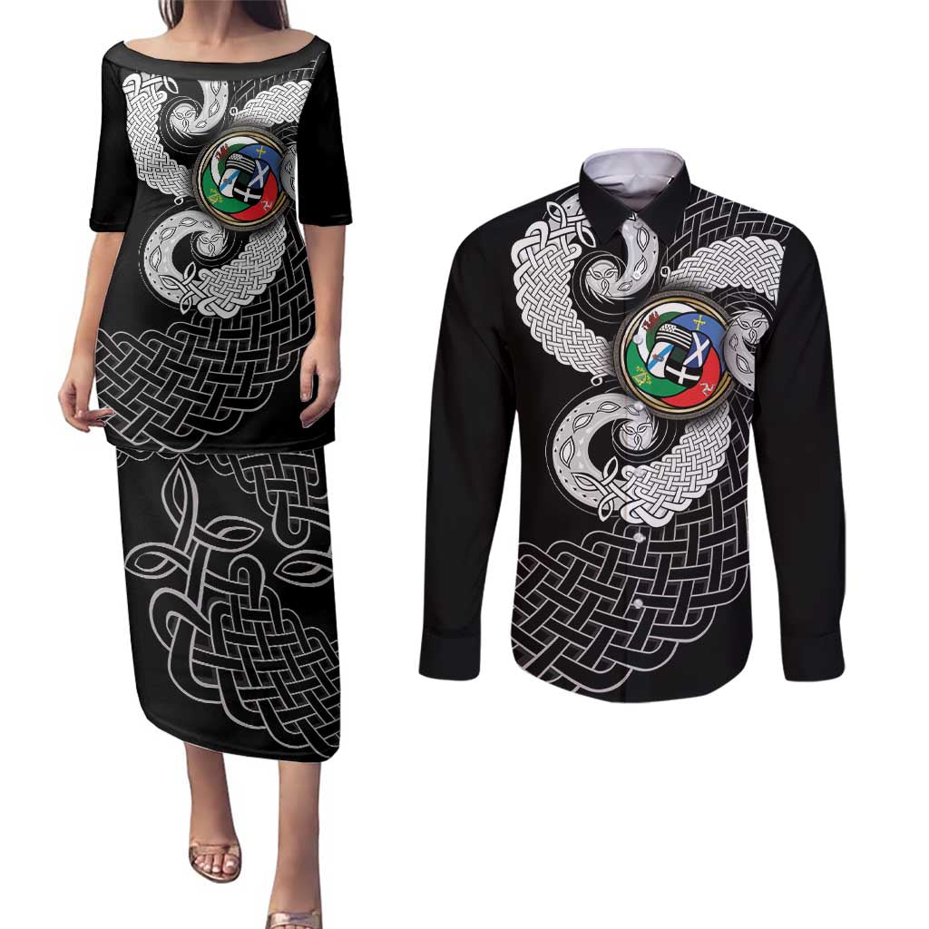 Six Celtic Countries Heritage Couples Matching Puletasi and Long Sleeve Button Shirt Black Celtic Knot Triskelion - Wonder Print Shop