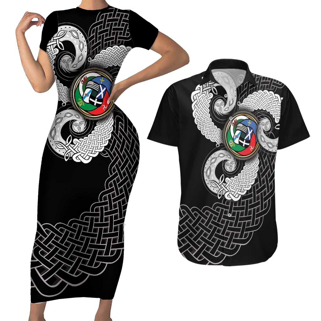 Six Celtic Countries Heritage Couples Matching Short Sleeve Bodycon Dress and Hawaiian Shirt Black Celtic Knot Triskelion - Wonder Print Shop
