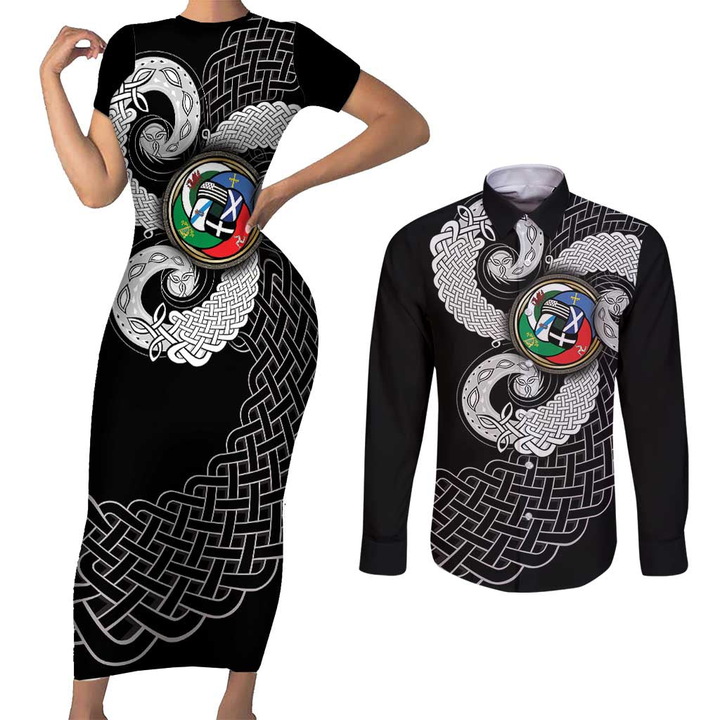 Six Celtic Countries Heritage Couples Matching Short Sleeve Bodycon Dress and Long Sleeve Button Shirt Black Celtic Knot Triskelion - Wonder Print Shop