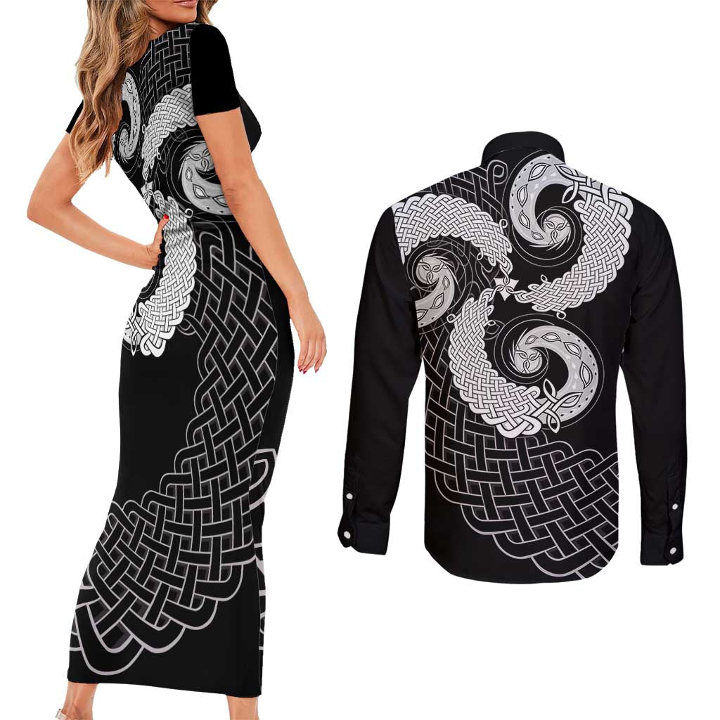 Six Celtic Countries Heritage Couples Matching Short Sleeve Bodycon Dress and Long Sleeve Button Shirt Black Celtic Knot Triskelion - Wonder Print Shop