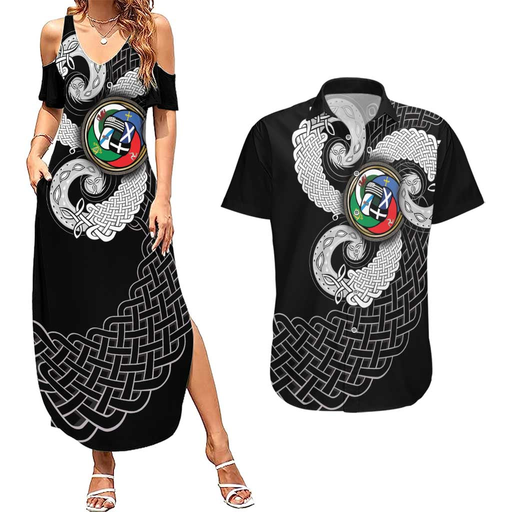 Six Celtic Countries Heritage Couples Matching Summer Maxi Dress and Hawaiian Shirt Black Celtic Knot Triskelion - Wonder Print Shop