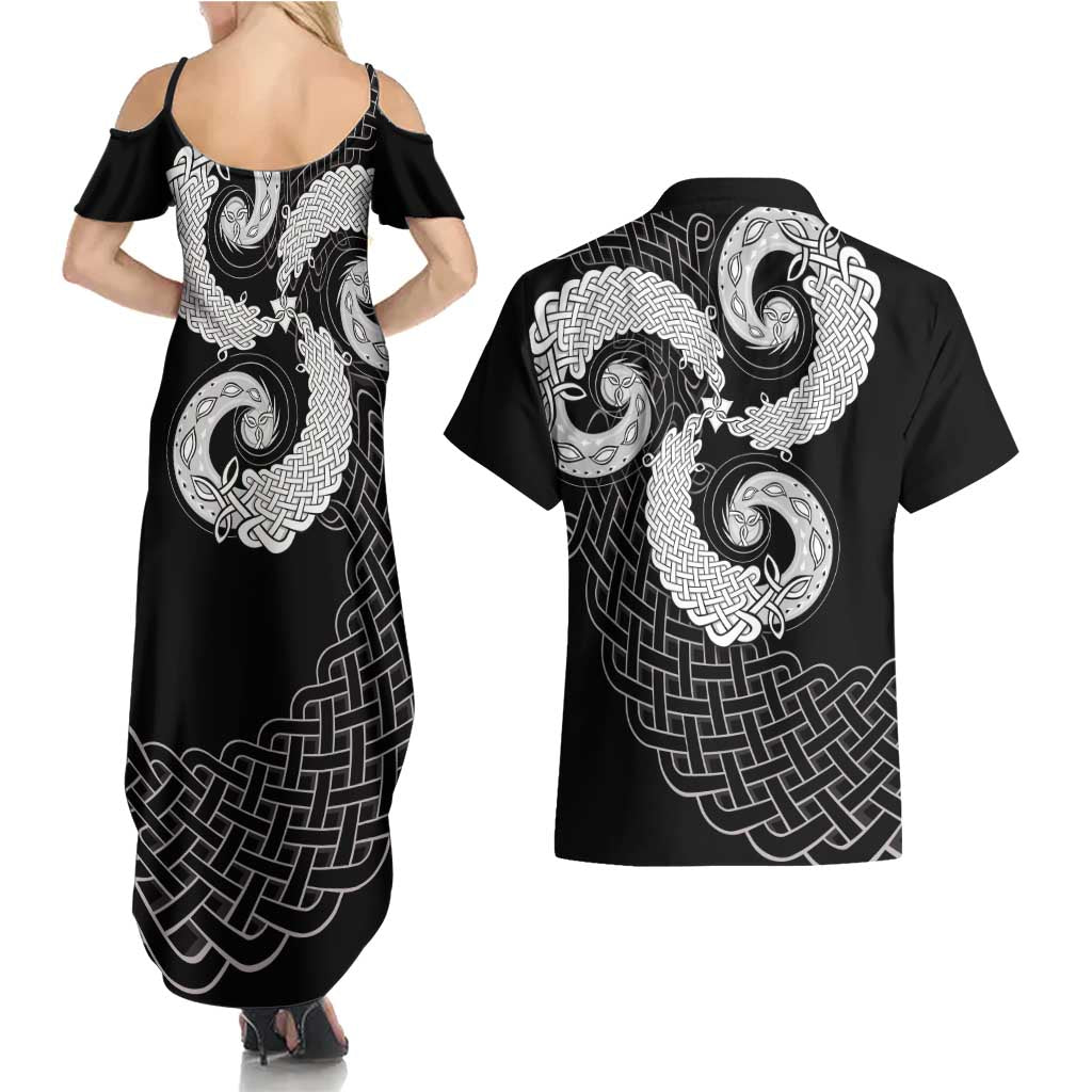 Six Celtic Countries Heritage Couples Matching Summer Maxi Dress and Hawaiian Shirt Black Celtic Knot Triskelion - Wonder Print Shop
