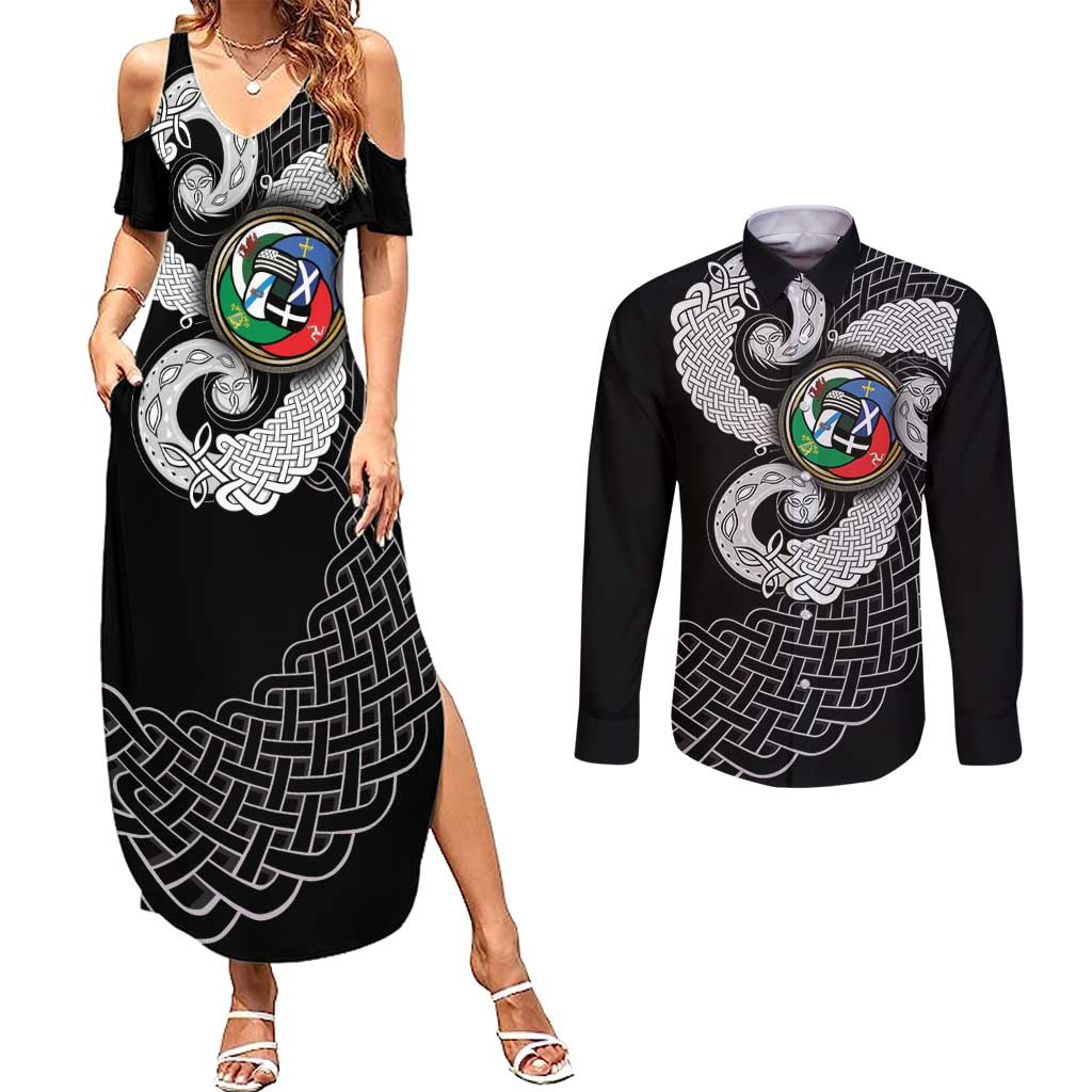 Six Celtic Countries Heritage Couples Matching Summer Maxi Dress and Long Sleeve Button Shirt Black Celtic Knot Triskelion - Wonder Print Shop