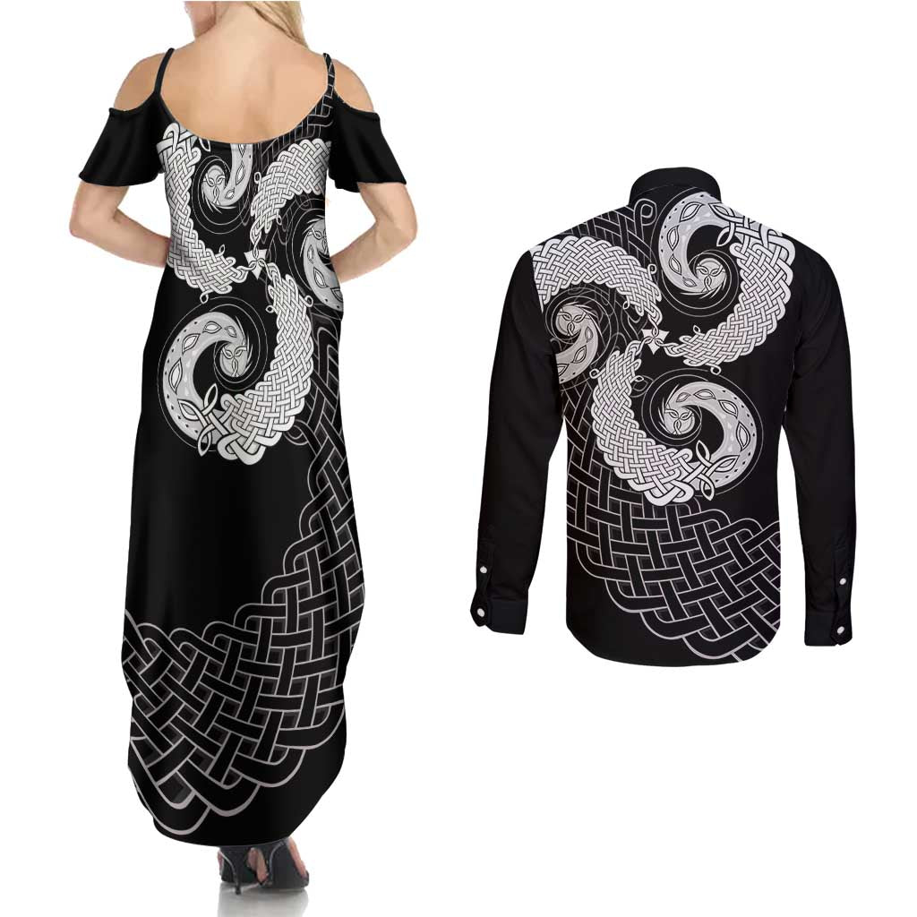 Six Celtic Countries Heritage Couples Matching Summer Maxi Dress and Long Sleeve Button Shirt Black Celtic Knot Triskelion - Wonder Print Shop