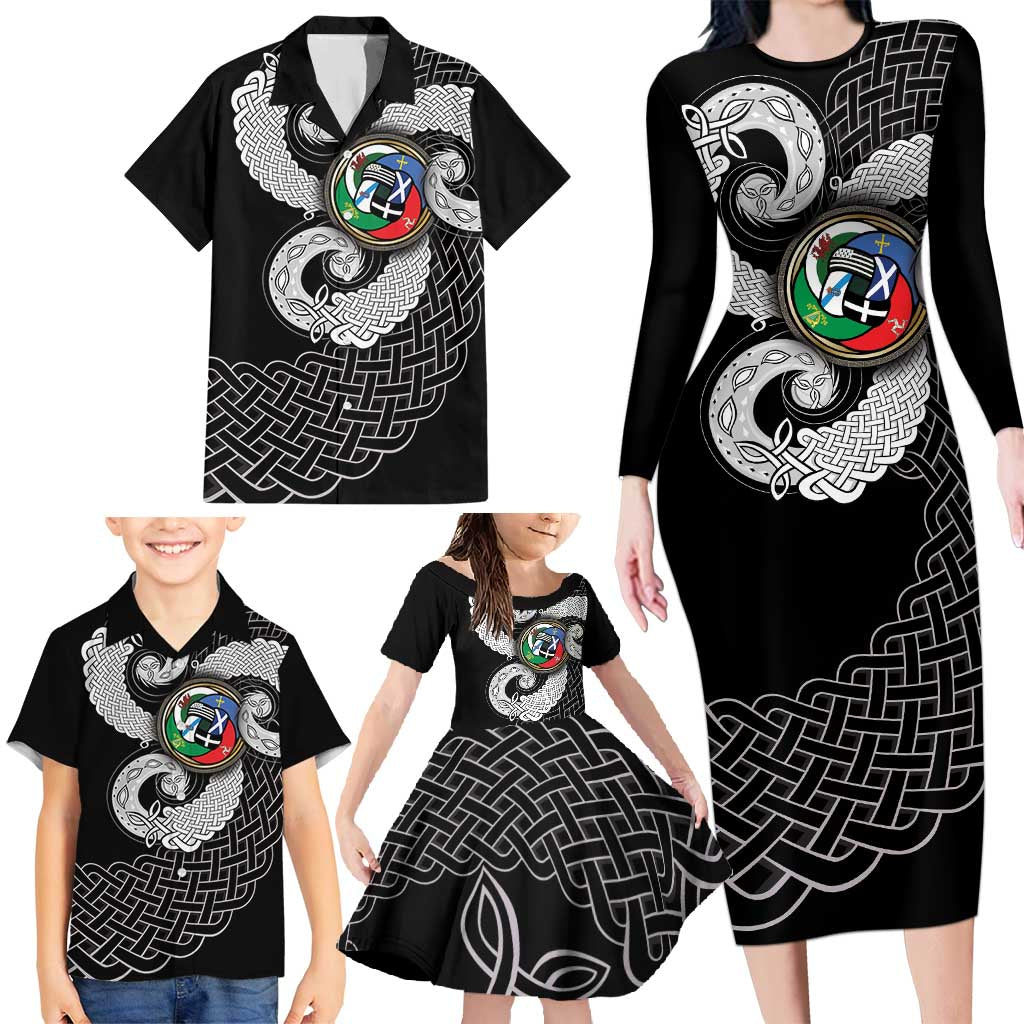 Six Celtic Countries Heritage Family Matching Long Sleeve Bodycon Dress and Hawaiian Shirt Black Celtic Knot Triskelion - Wonder Print Shop