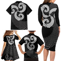 Six Celtic Countries Heritage Family Matching Long Sleeve Bodycon Dress and Hawaiian Shirt Black Celtic Knot Triskelion - Wonder Print Shop