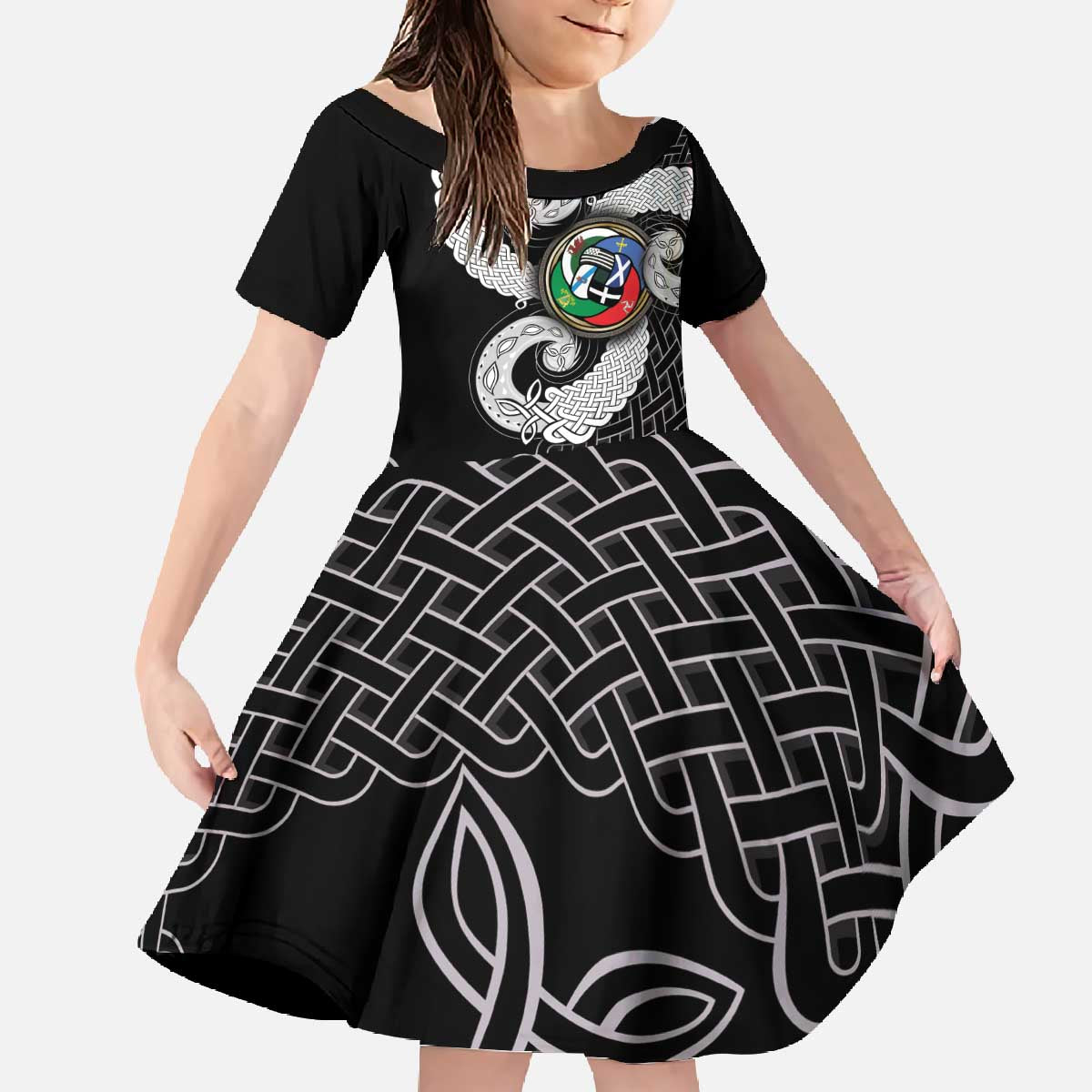 Six Celtic Countries Heritage Family Matching Off The Shoulder Long Sleeve Dress and Hawaiian Shirt Black Celtic Knot Triskelion - Wonder Print Shop