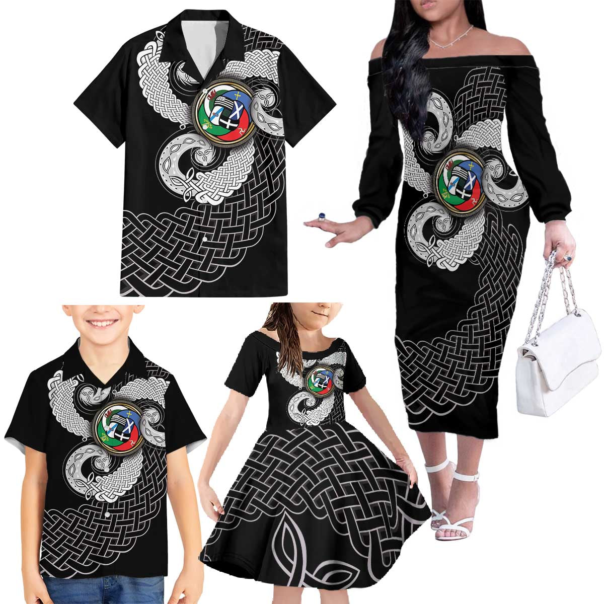 Six Celtic Countries Heritage Family Matching Off The Shoulder Long Sleeve Dress and Hawaiian Shirt Black Celtic Knot Triskelion - Wonder Print Shop