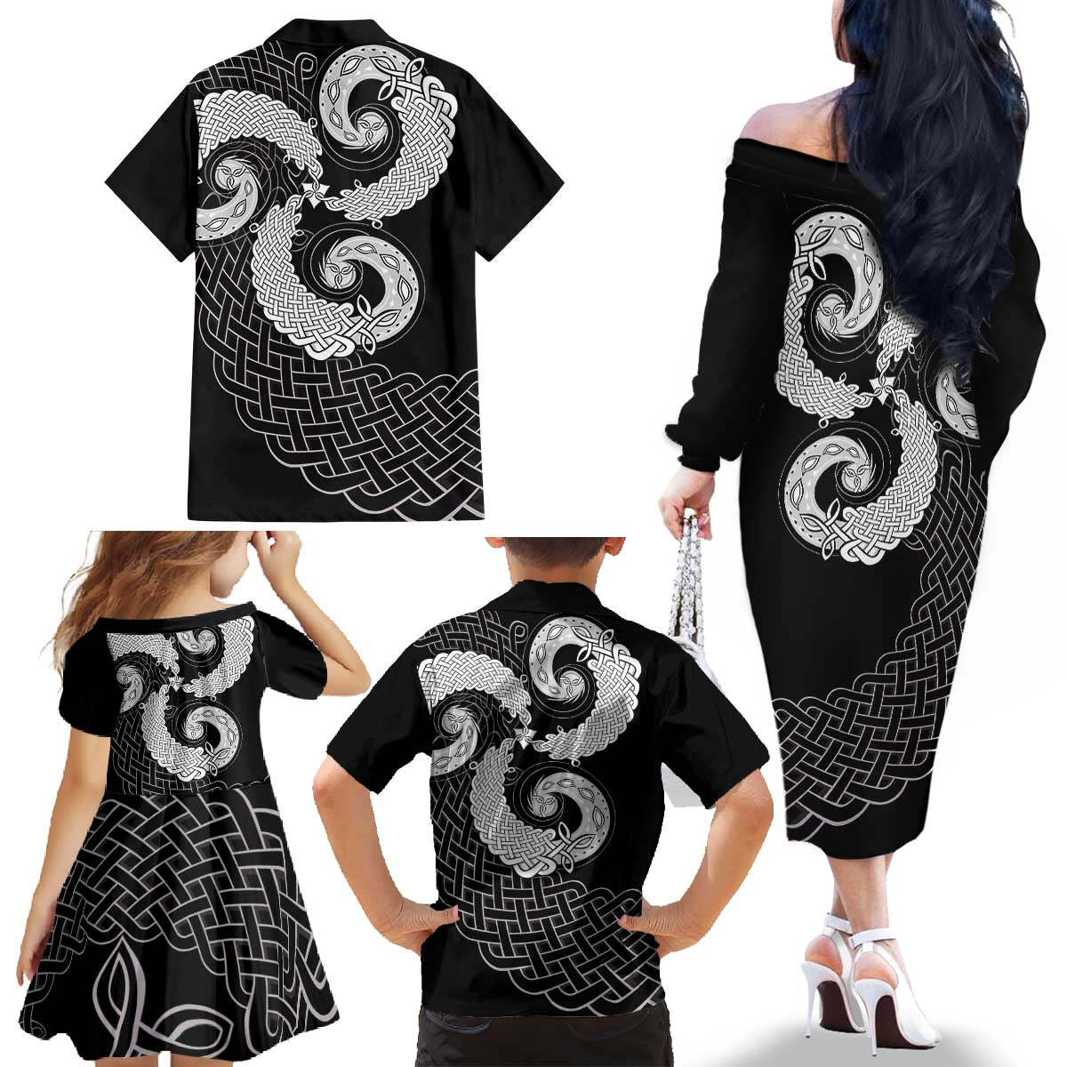 Six Celtic Countries Heritage Family Matching Off The Shoulder Long Sleeve Dress and Hawaiian Shirt Black Celtic Knot Triskelion - Wonder Print Shop