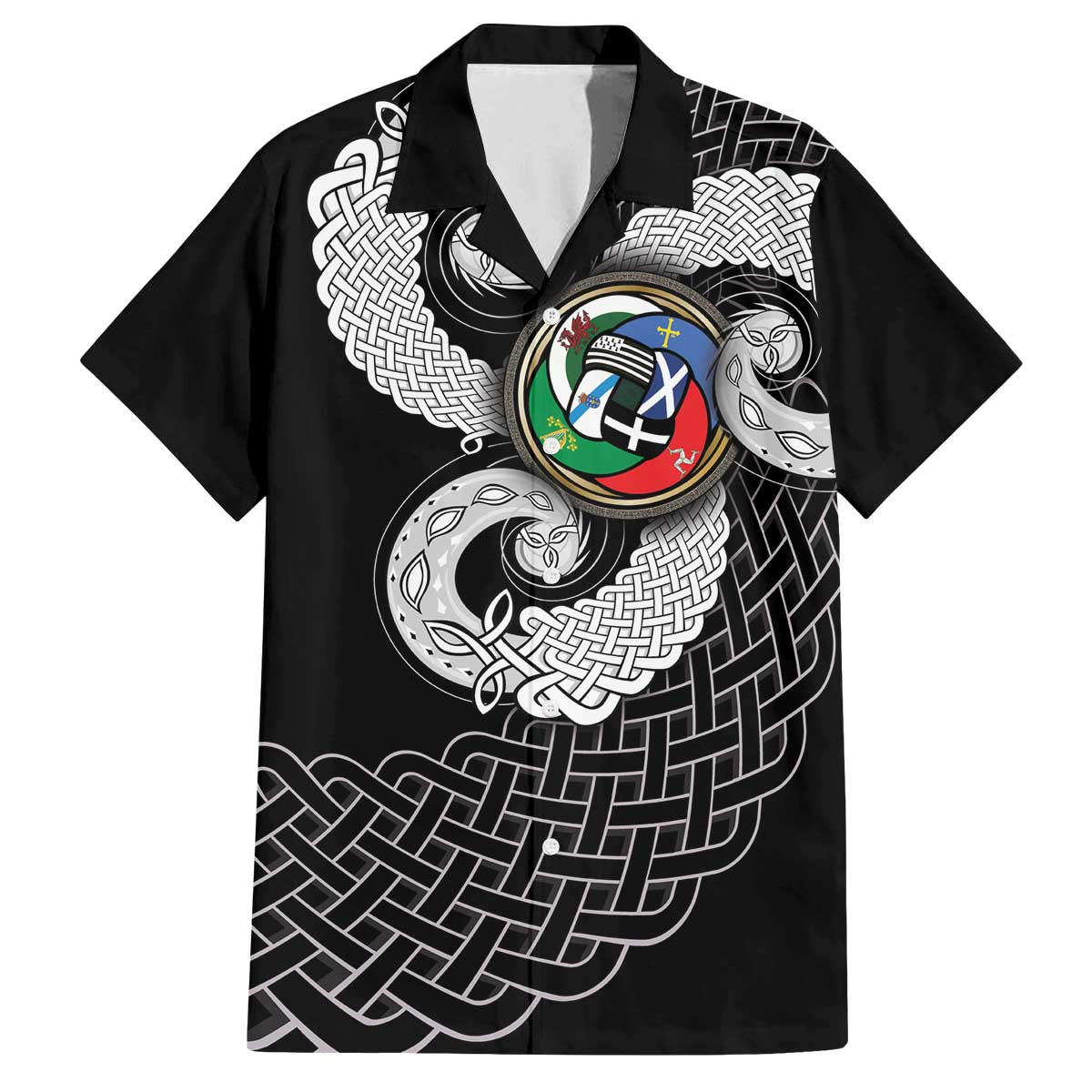Six Celtic Countries Heritage Family Matching Off The Shoulder Long Sleeve Dress and Hawaiian Shirt Black Celtic Knot Triskelion - Wonder Print Shop