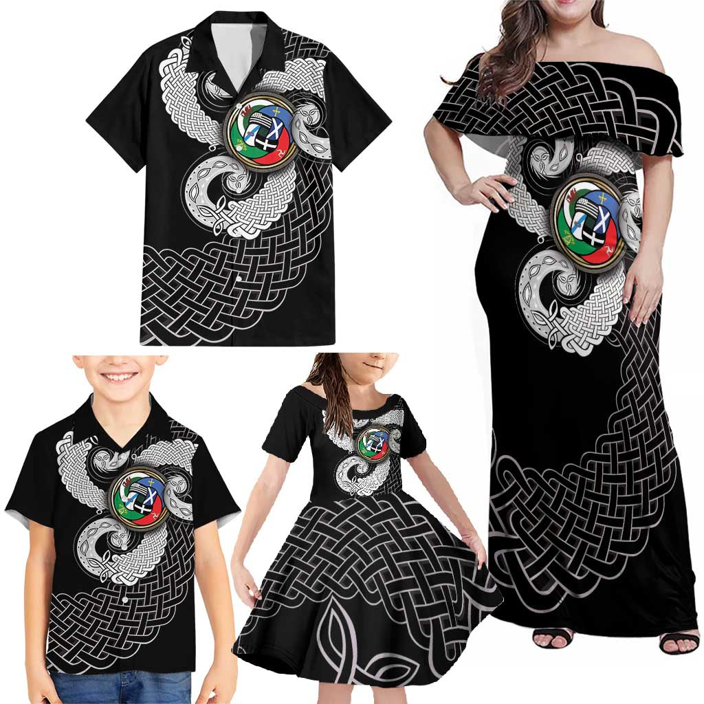 Six Celtic Countries Heritage Family Matching Off Shoulder Maxi Dress and Hawaiian Shirt Black Celtic Knot Triskelion - Wonder Print Shop