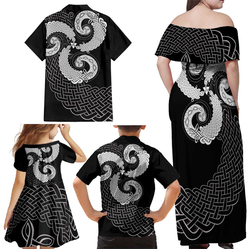 Six Celtic Countries Heritage Family Matching Off Shoulder Maxi Dress and Hawaiian Shirt Black Celtic Knot Triskelion - Wonder Print Shop