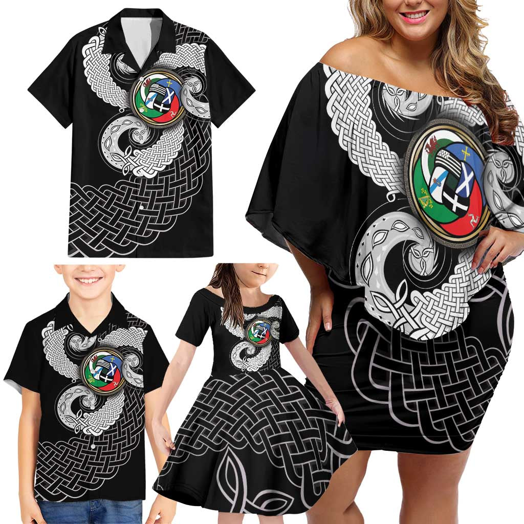 Six Celtic Countries Heritage Family Matching Off Shoulder Short Dress and Hawaiian Shirt Black Celtic Knot Triskelion - Wonder Print Shop