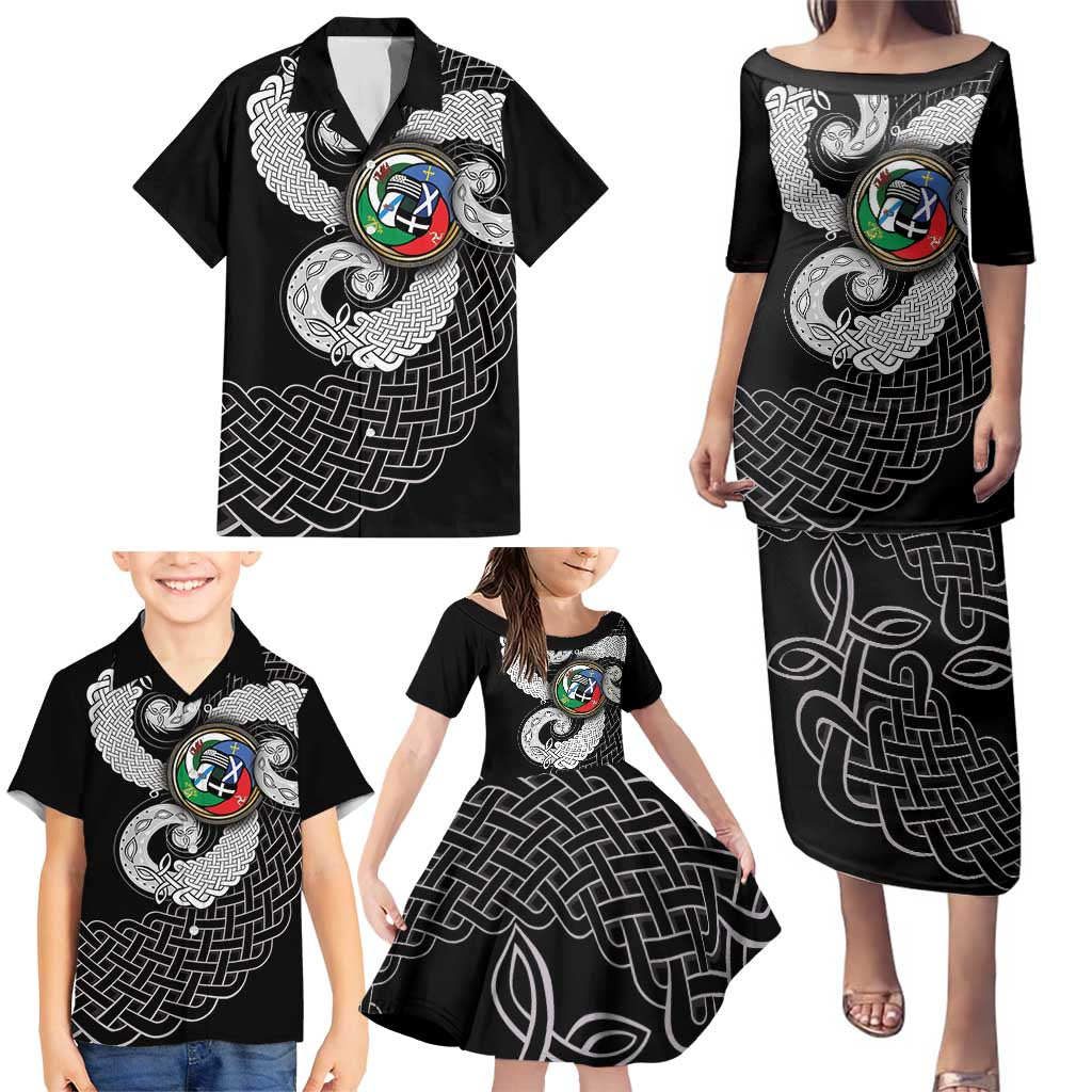 Six Celtic Countries Heritage Family Matching Puletasi and Hawaiian Shirt Black Celtic Knot Triskelion - Wonder Print Shop