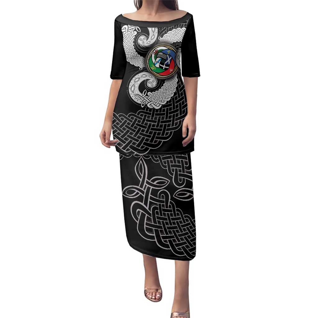 Six Celtic Countries Heritage Family Matching Puletasi and Hawaiian Shirt Black Celtic Knot Triskelion - Wonder Print Shop