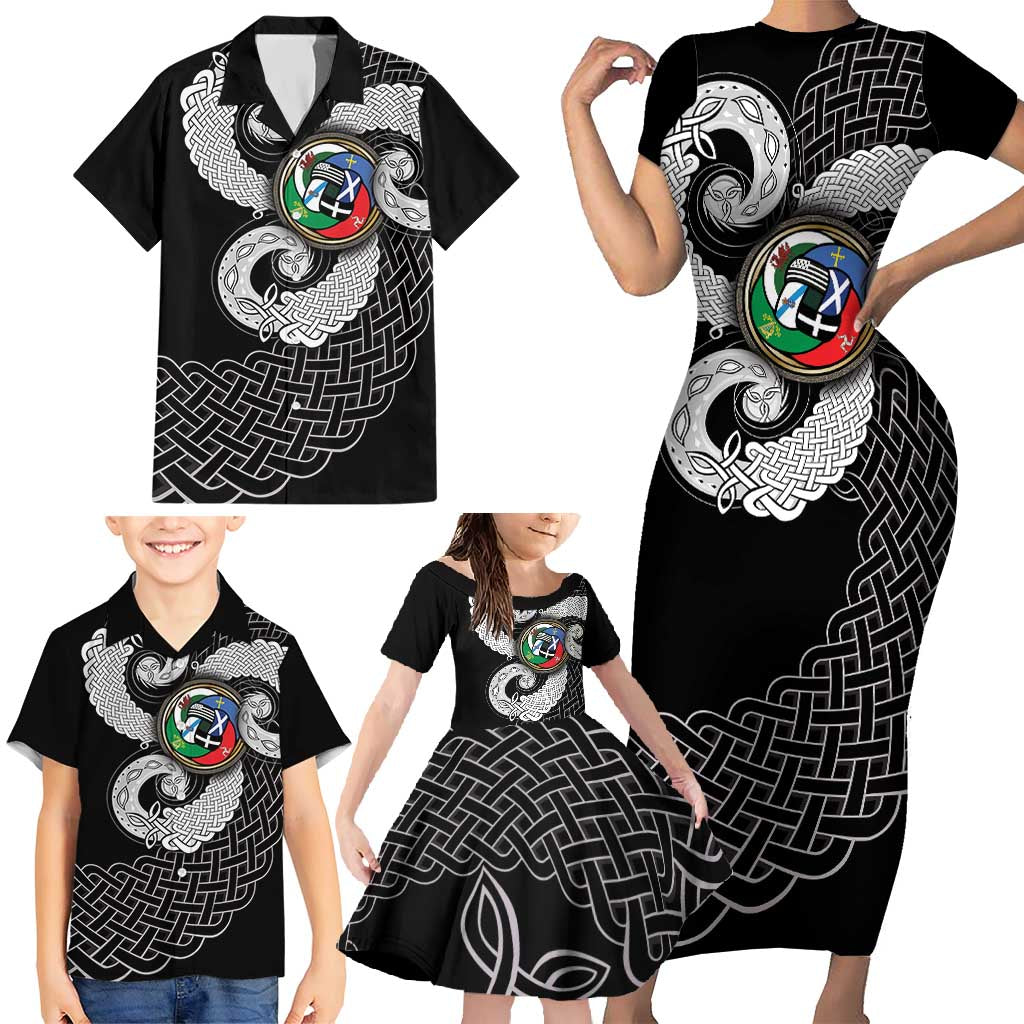Six Celtic Countries Heritage Family Matching Short Sleeve Bodycon Dress and Hawaiian Shirt Black Celtic Knot Triskelion - Wonder Print Shop
