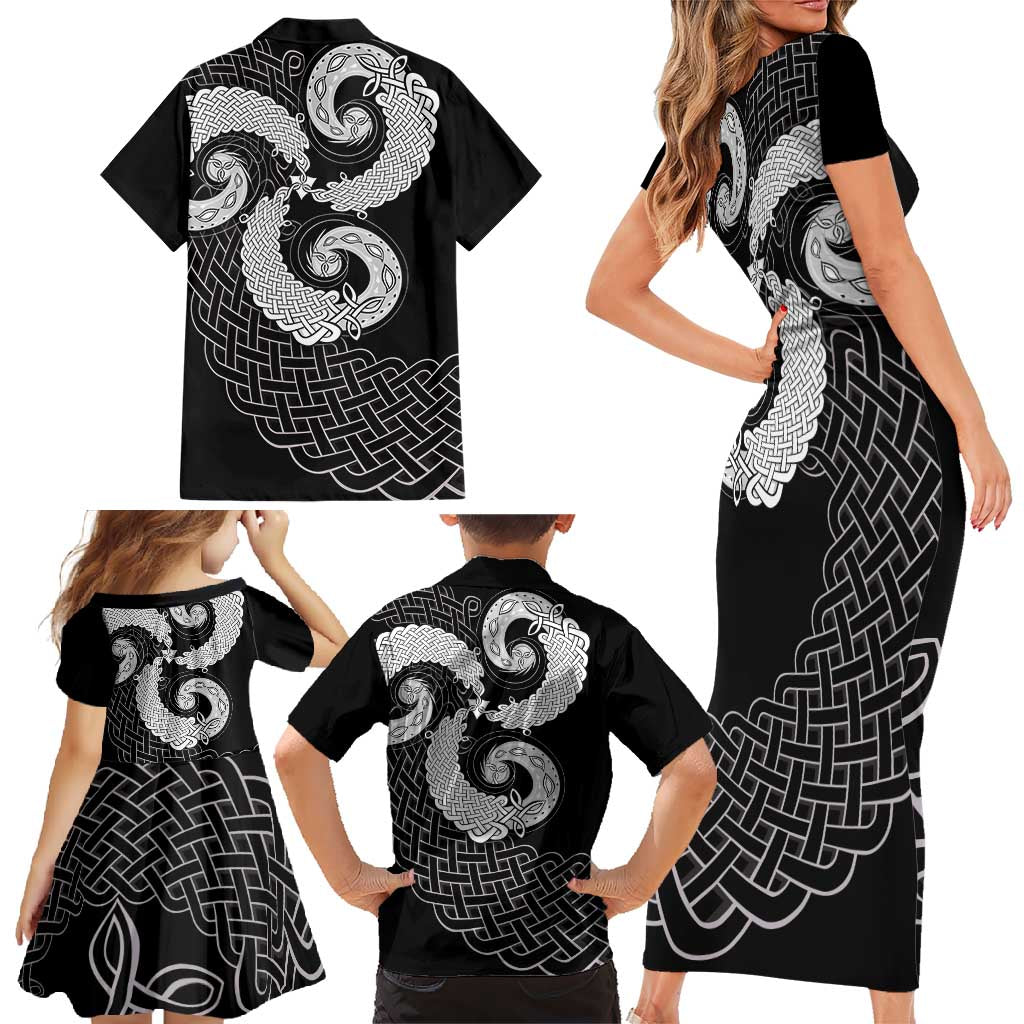 Six Celtic Countries Heritage Family Matching Short Sleeve Bodycon Dress and Hawaiian Shirt Black Celtic Knot Triskelion - Wonder Print Shop