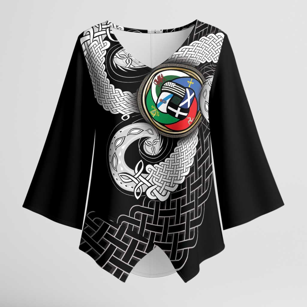 Six Celtic Countries Heritage Kimono Sleeve Blouse Black Celtic Knot Triskelion - Wonder Print Shop