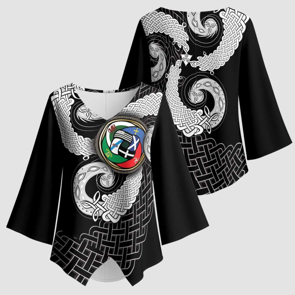 Six Celtic Countries Heritage Kimono Sleeve Blouse Black Celtic Knot Triskelion - Wonder Print Shop
