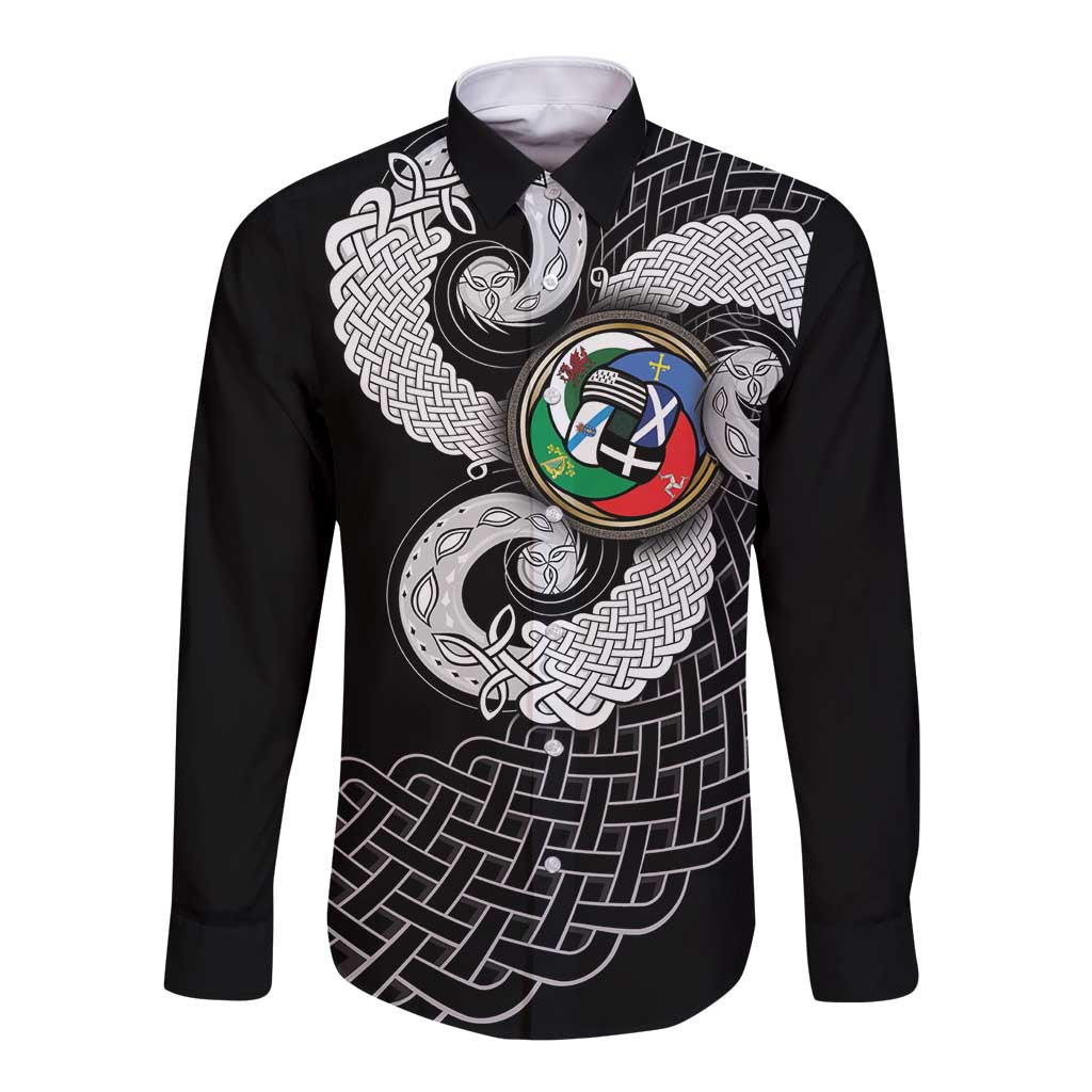 Six Celtic Countries Heritage Long Sleeve Button Shirt Black Celtic Knot Triskelion - Wonder Print Shop