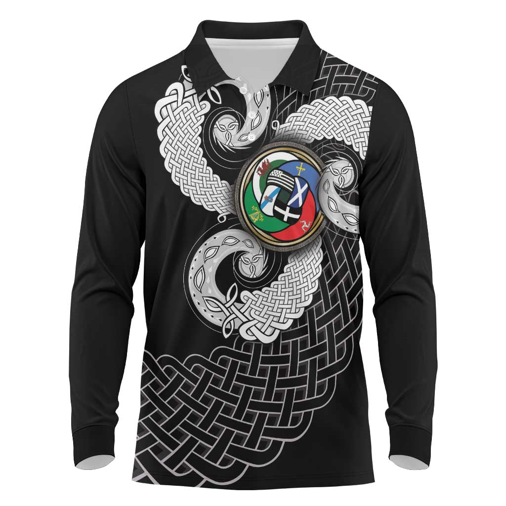Six Celtic Countries Heritage Long Sleeve Polo Shirt Black Celtic Knot Triskelion - Wonder Print Shop