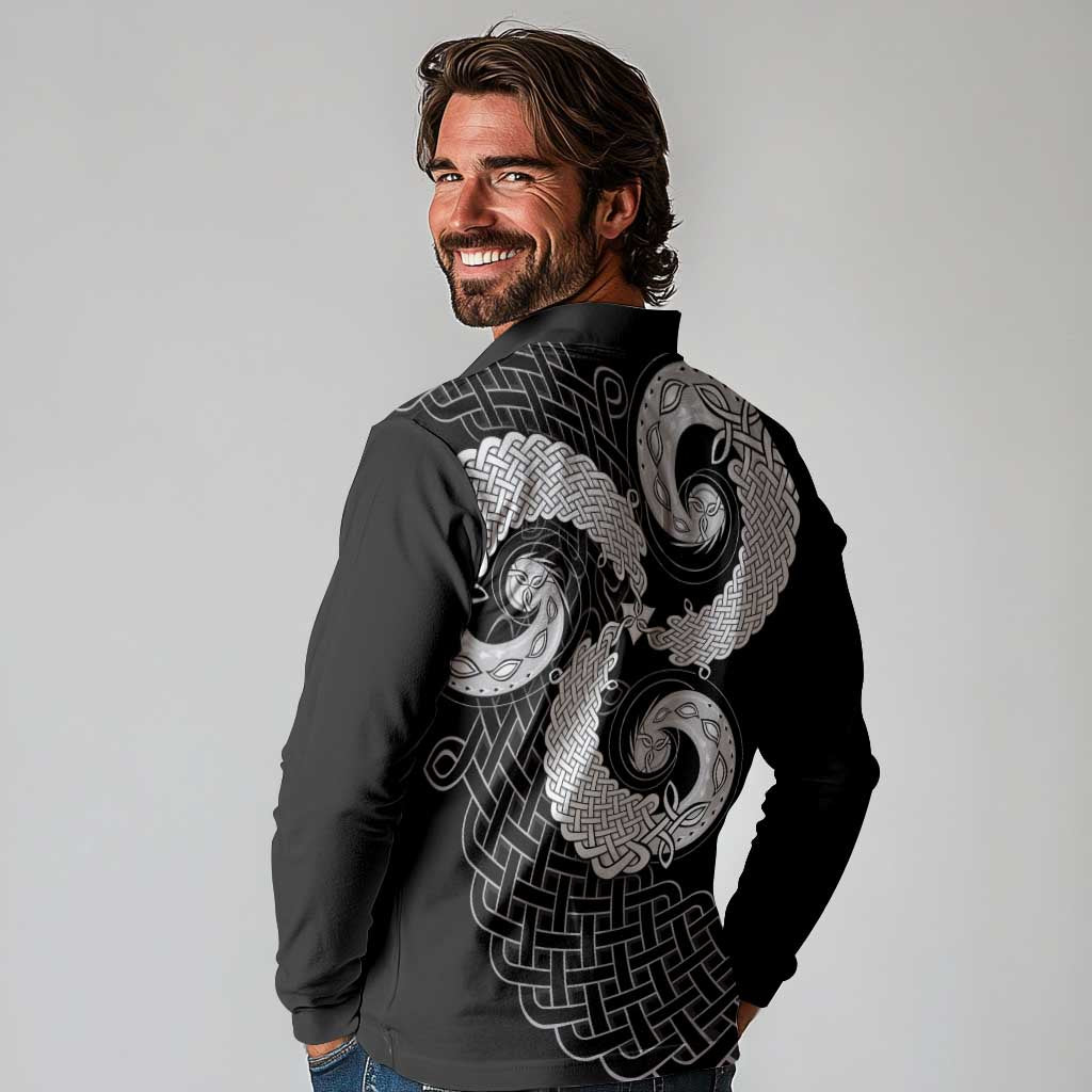 Six Celtic Countries Heritage Long Sleeve Polo Shirt Black Celtic Knot Triskelion - Wonder Print Shop