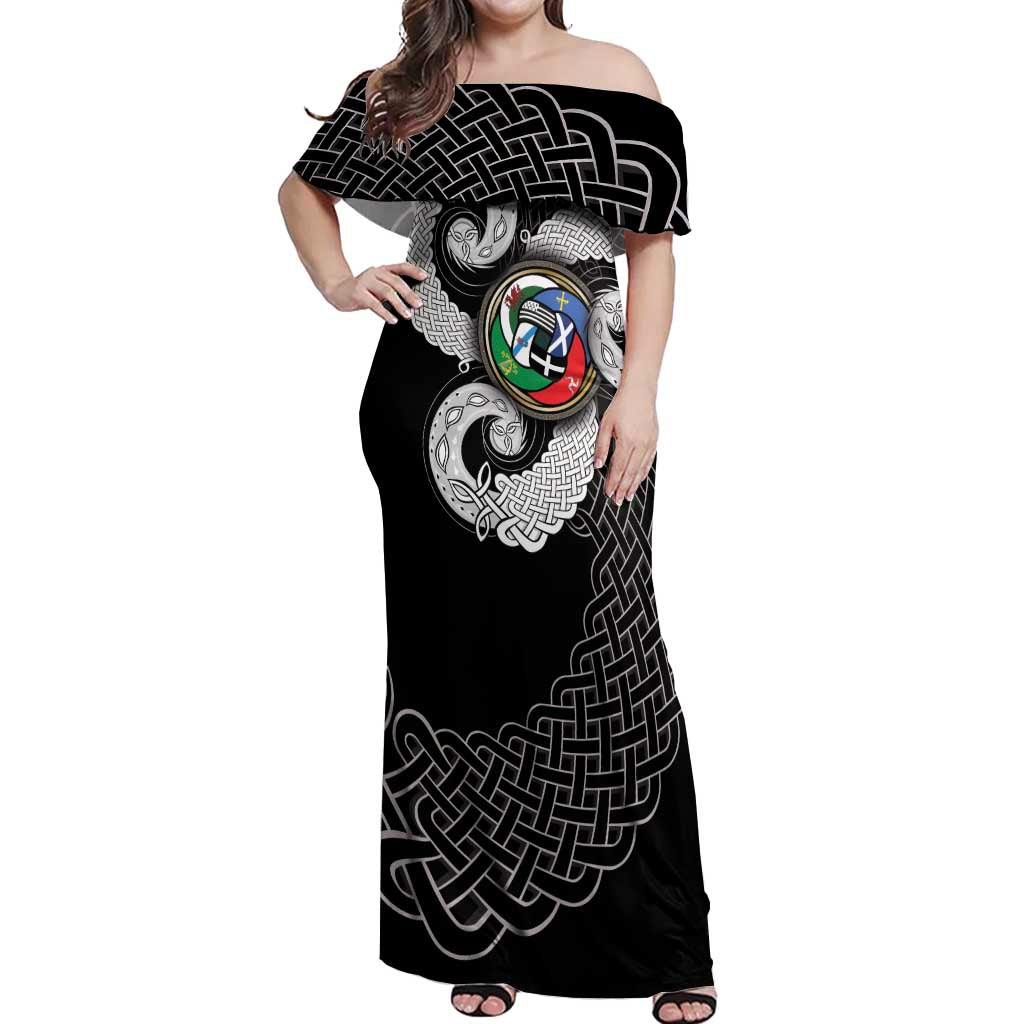 Six Celtic Countries Heritage Off Shoulder Maxi Dress Black Celtic Knot Triskelion - Wonder Print Shop