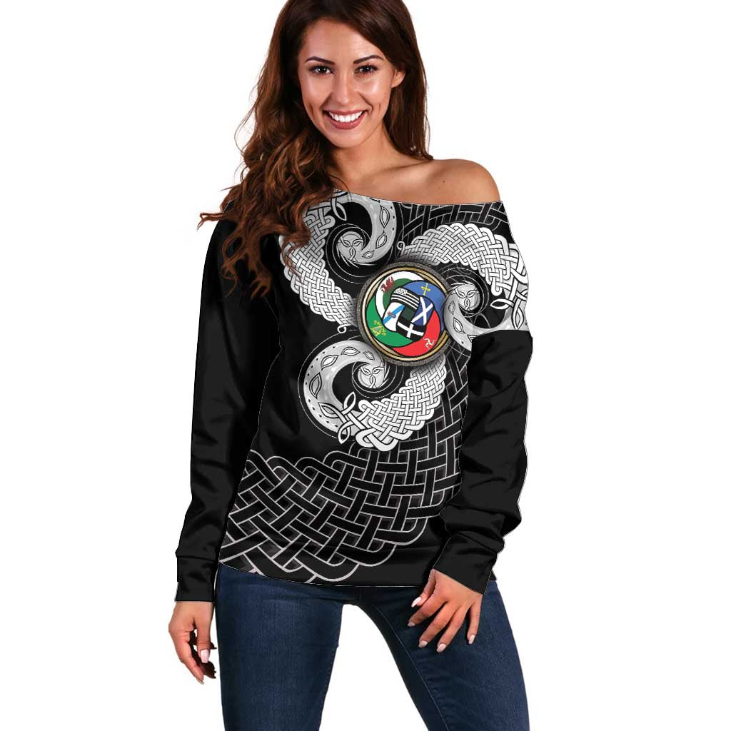Six Celtic Countries Heritage Off Shoulder Sweater Black Celtic Knot Triskelion - Wonder Print Shop