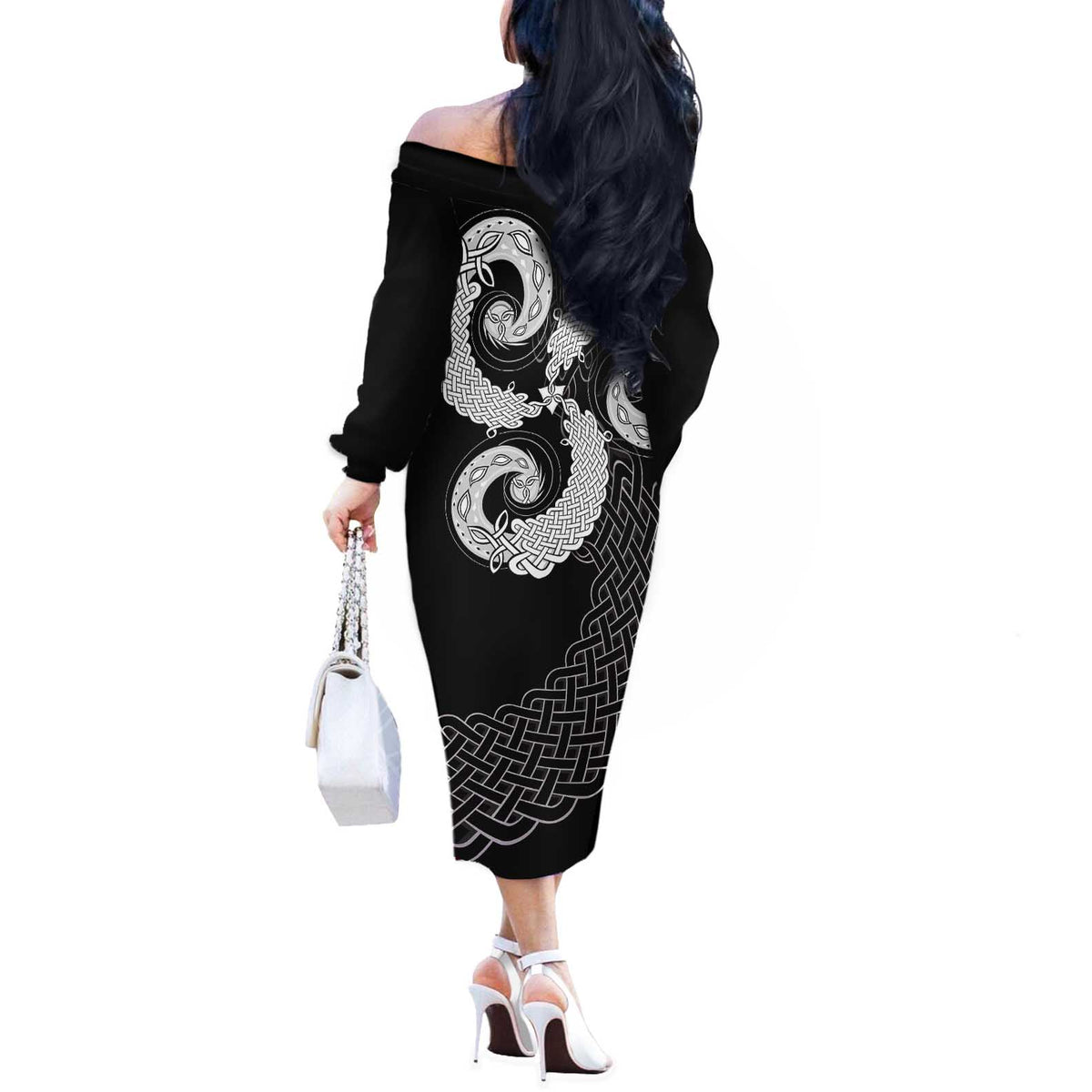 Six Celtic Countries Heritage Off The Shoulder Long Sleeve Dress Black Celtic Knot Triskelion - Wonder Print Shop