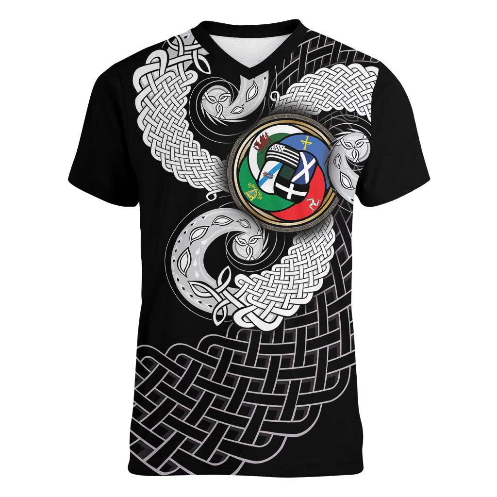 Six Celtic Countries Heritage Women V-Neck T-Shirt Black Celtic Knot Triskelion - Wonder Print Shop