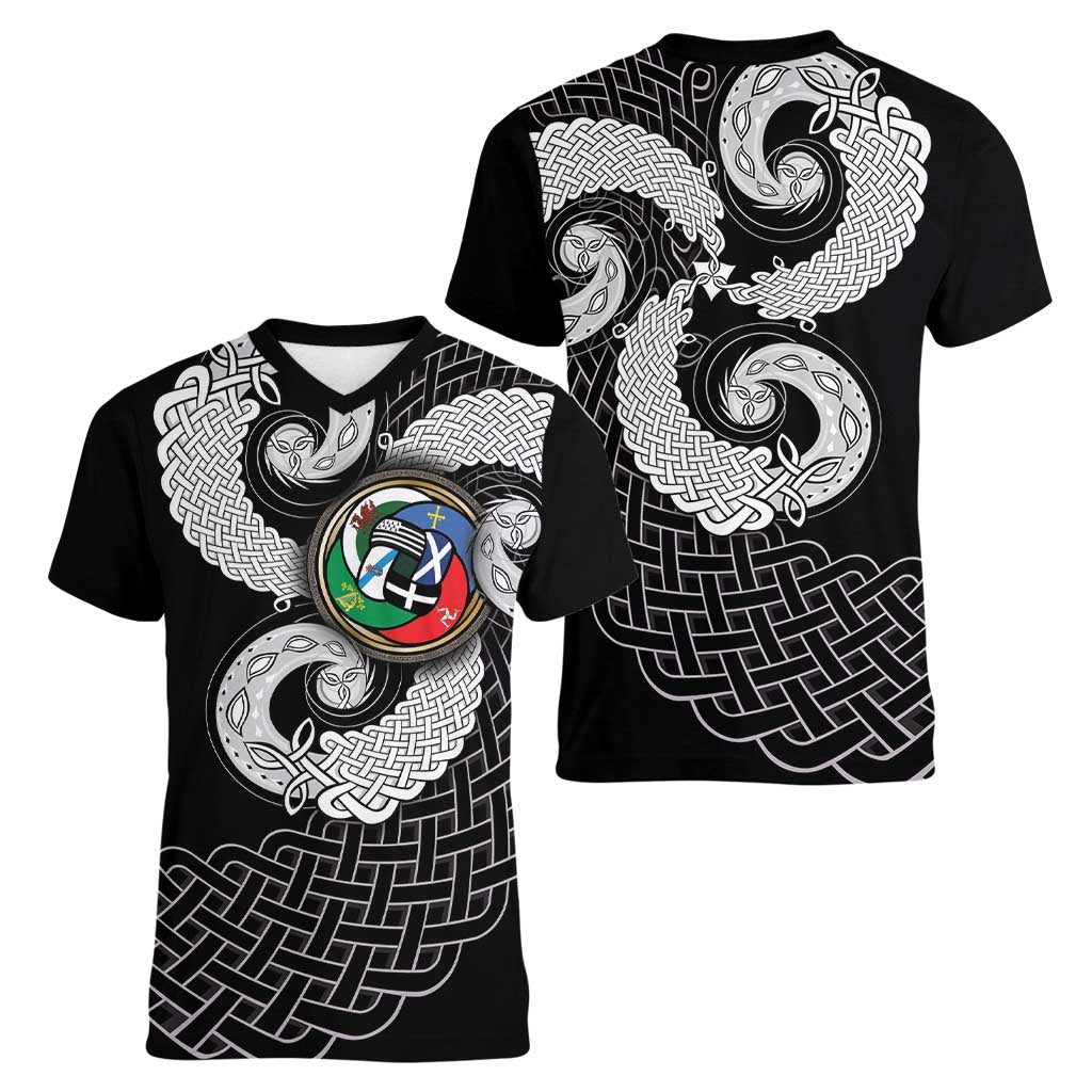 Six Celtic Countries Heritage Women V-Neck T-Shirt Black Celtic Knot Triskelion - Wonder Print Shop