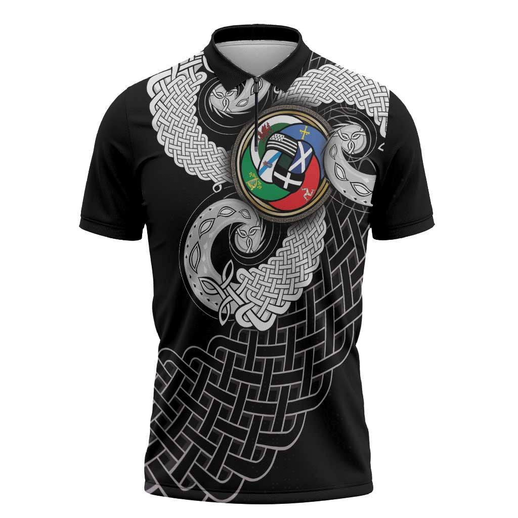 Six Celtic Countries Heritage Zipper Polo Shirt Black Celtic Knot Triskelion - Wonder Print Shop